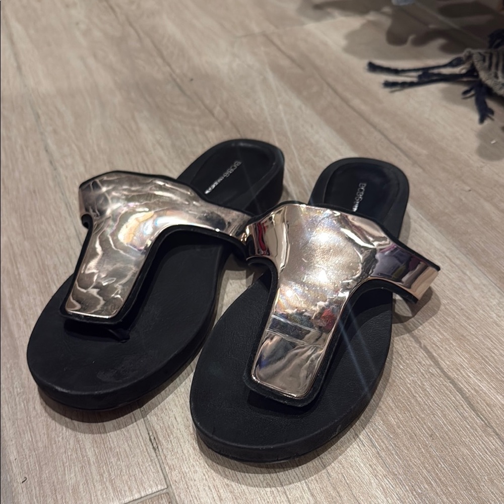 BCBGeneration Silver and Black Slide Sandals